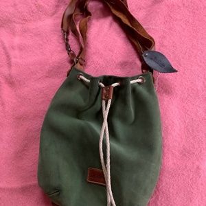 Gorgeous one of a kind bag from Spain. Dark green suede with dark brown straps